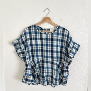 THE GREAT blue plaid ruffle top / size M